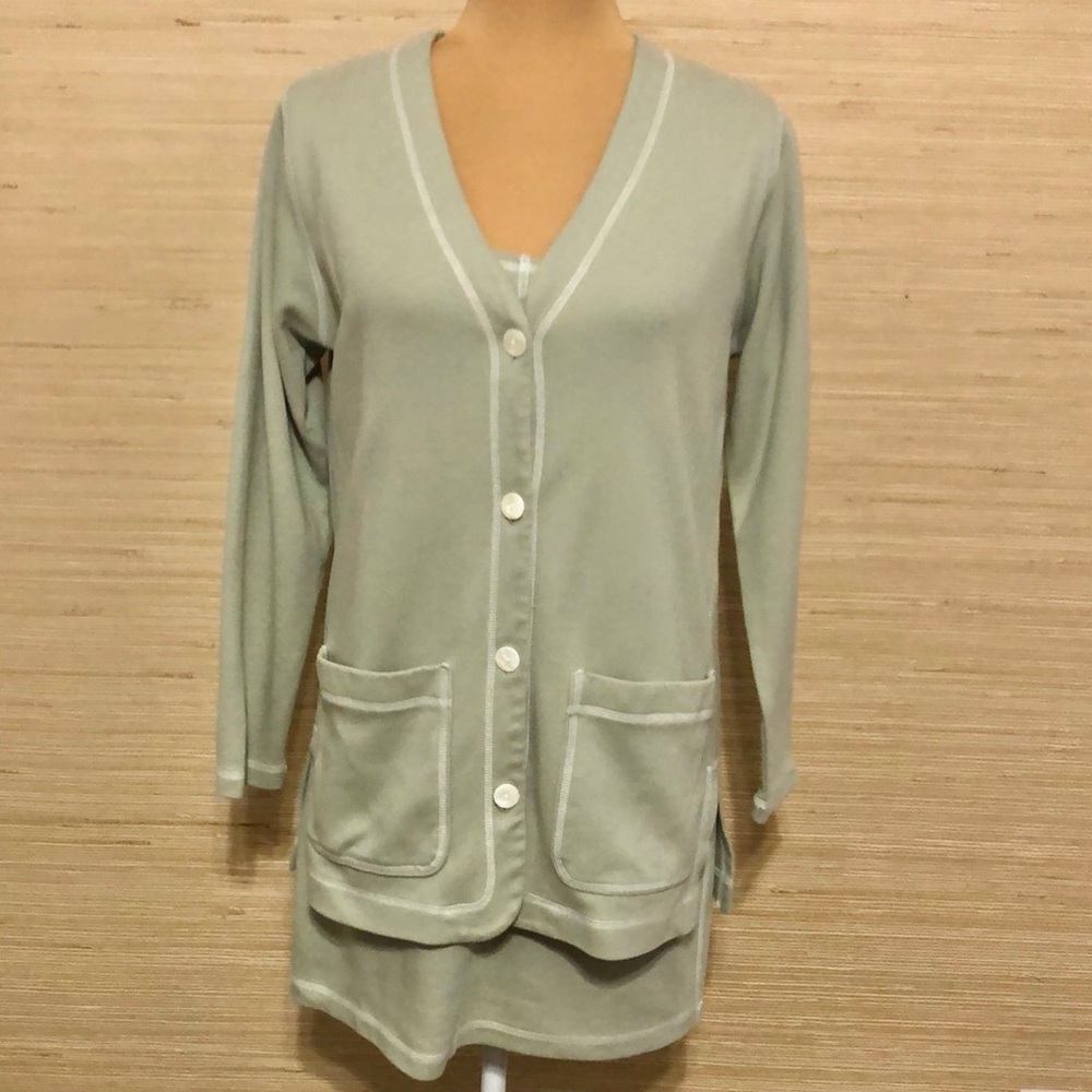 Women's Sage Green Cotton Dress and Cardigan Sweater Coordinating Set PS